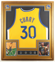 Stephen Curry Signed Custom Framed Jersey Display with (4) NBA Finals Champions Pins (JSA) at PristineAuction.com