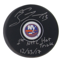 Mathew Barzal Signed Islanders Logo Hockey Puck Inscribed "1st NHL Hat Trick 12/23/17" (JSA) at PristineAuction.com