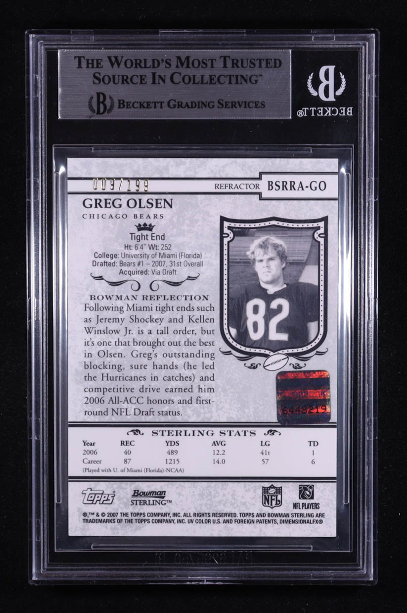 Greg Olsen 2007 Bowman Sterling Refractors #GO2 #009/199 JSY AU RC (BGS) at PristineAuction.com Greg Olsen 2007 Bowman Sterling Refractors #GO2 #009/199 JSY AU RC (BGS) at PristineAuction.com