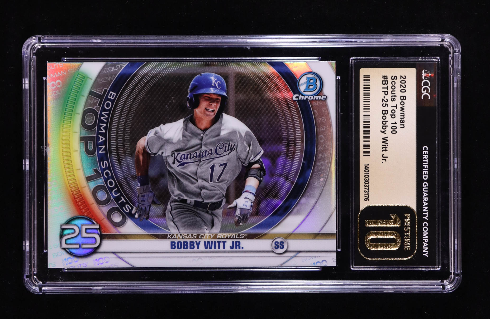 Bobby Witt Jr. 2020 Bowman Chrome Scouts Top 100 #BTP25 RC (CGC Pristine 10) at PristineAuction.com Bobby Witt Jr. 2020 Bowman Chrome Scouts Top 100 #BTP25 RC (CGC Pristine 10) at PristineAuction.com