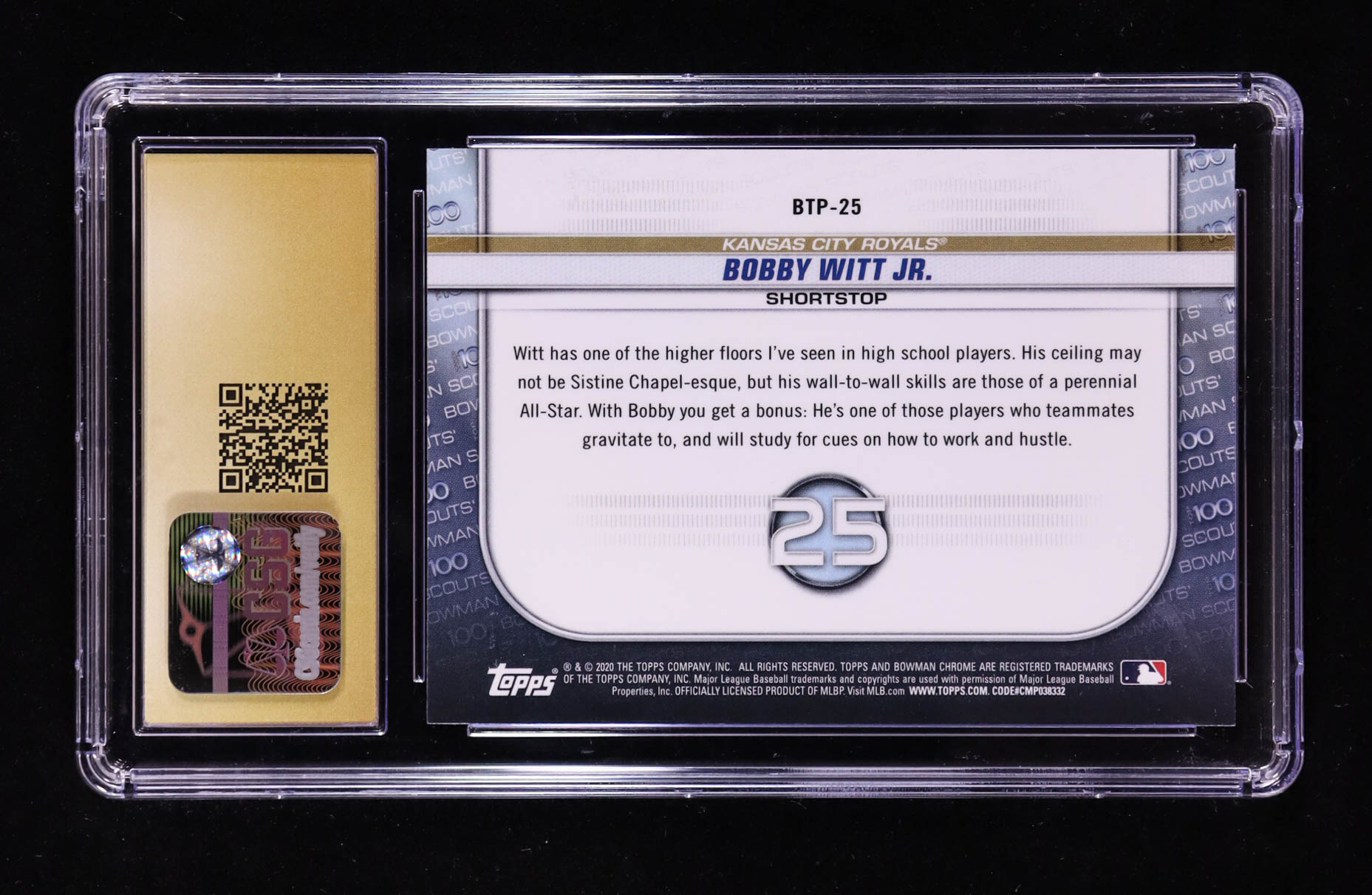 Bobby Witt Jr. 2020 Bowman Chrome Scouts Top 100 #BTP25 RC (CGC Pristine 10) at PristineAuction.com Bobby Witt Jr. 2020 Bowman Chrome Scouts Top 100 #BTP25 RC (CGC Pristine 10) at PristineAuction.com