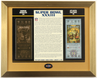 Super Bowl XXXIII Commemorative Score Card with 23KT Gold Ticket Framed Display With Super Bowl Pin at PristineAuction.com