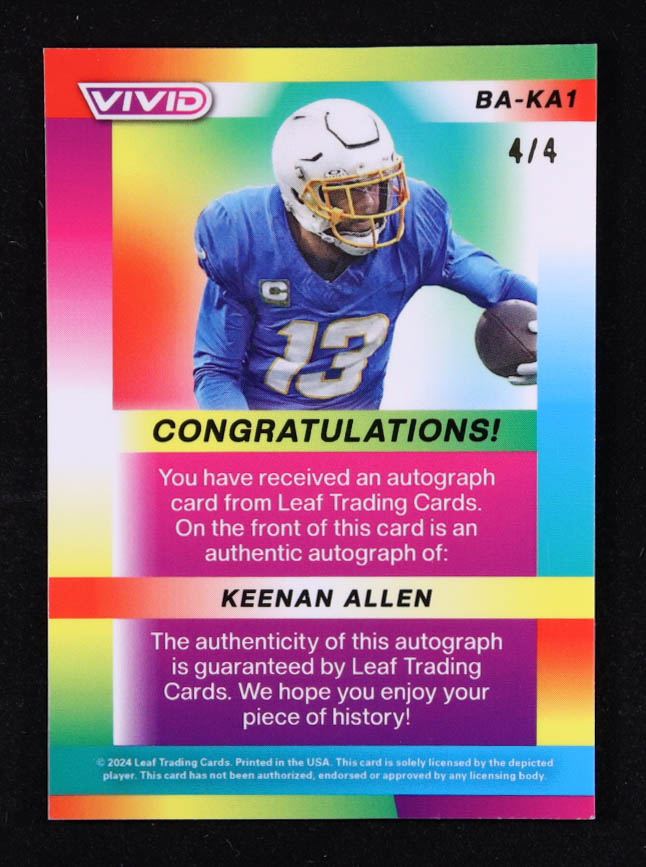 Keenan Allen 2024 Leaf Vivid Autographs Mojo Green #BAKA1 #4/4 at PristineAuction.com Keenan Allen 2024 Leaf Vivid Autographs Mojo Green #BAKA1 #4/4 at PristineAuction.com