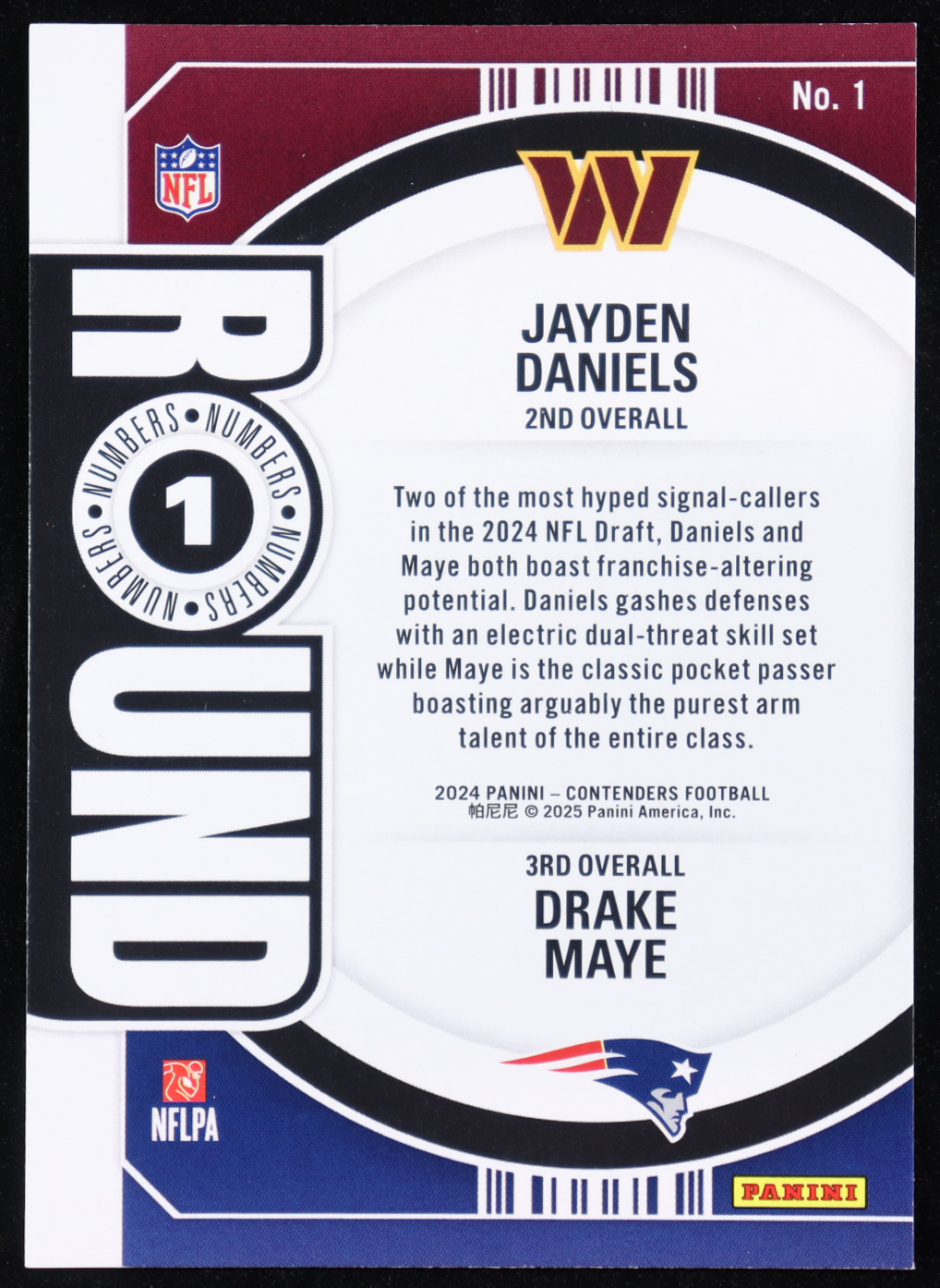 Jayden Daniels / Drake Maye 2024 Panini Contenders Round Numbers #1 RC at PristineAuction.com Jayden Daniels / Drake Maye 2024 Panini Contenders Round Numbers #1 RC at PristineAuction.com