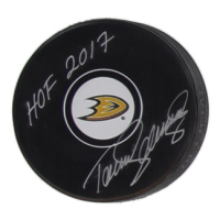 Teemu Selanne Signed Ducks Logo Hockey Puck Inscribed "HOF 2017" (JSA) at PristineAuction.com