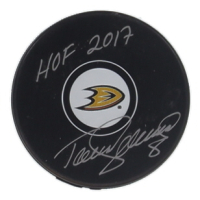 Teemu Selanne Signed Ducks Logo Hockey Puck Inscribed "HOF 2017" (JSA) at PristineAuction.com