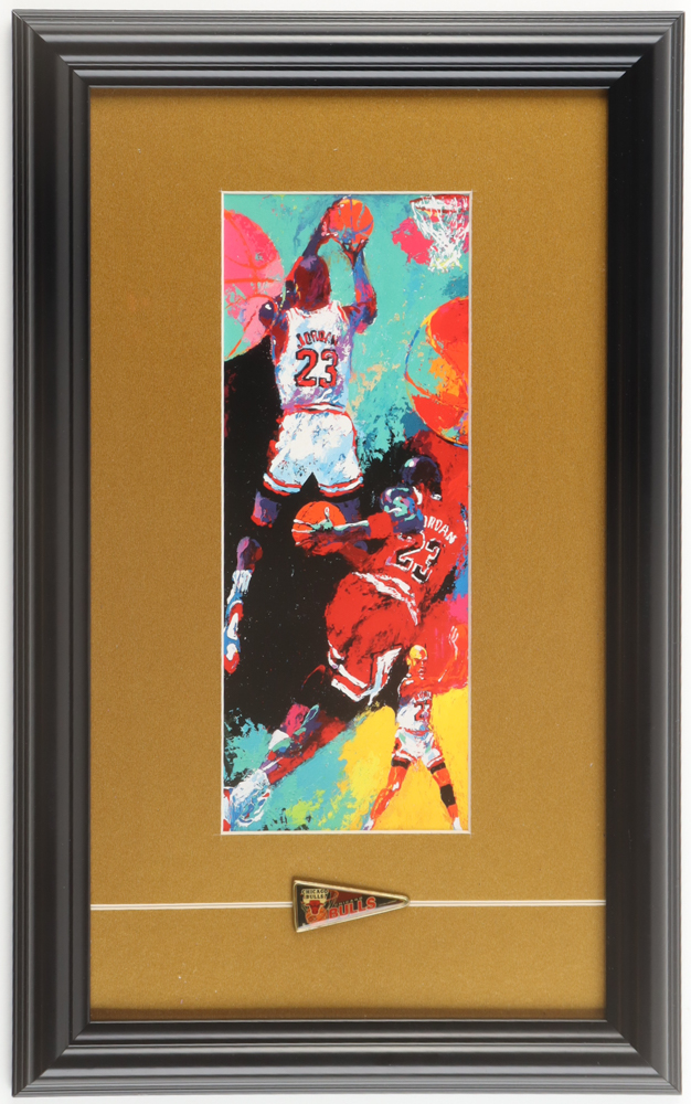 "Michael Jordan" by Leroy Neiman Custom Framed Art Print Display with Bulls Logo Pin at PristineAuction.com "Michael Jordan" by Leroy Neiman Custom Framed Art Print Display with Bulls Logo Pin at PristineAuction.com