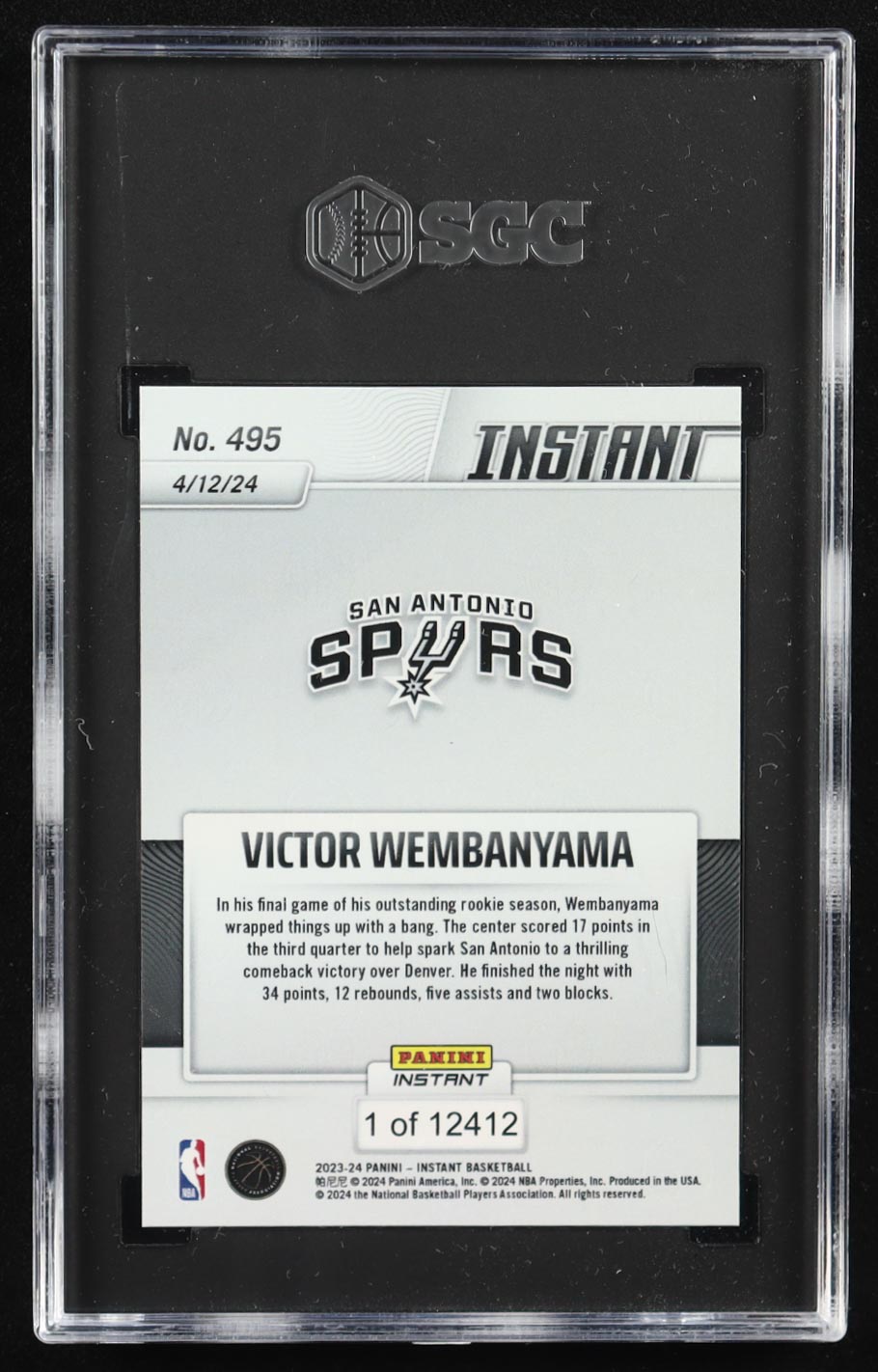 Victor Wembanyama 2023-24 Panini Instant #495 RC (SGC 9.5) at PristineAuction.com Victor Wembanyama 2023-24 Panini Instant #495 RC (SGC 9.5) at PristineAuction.com
