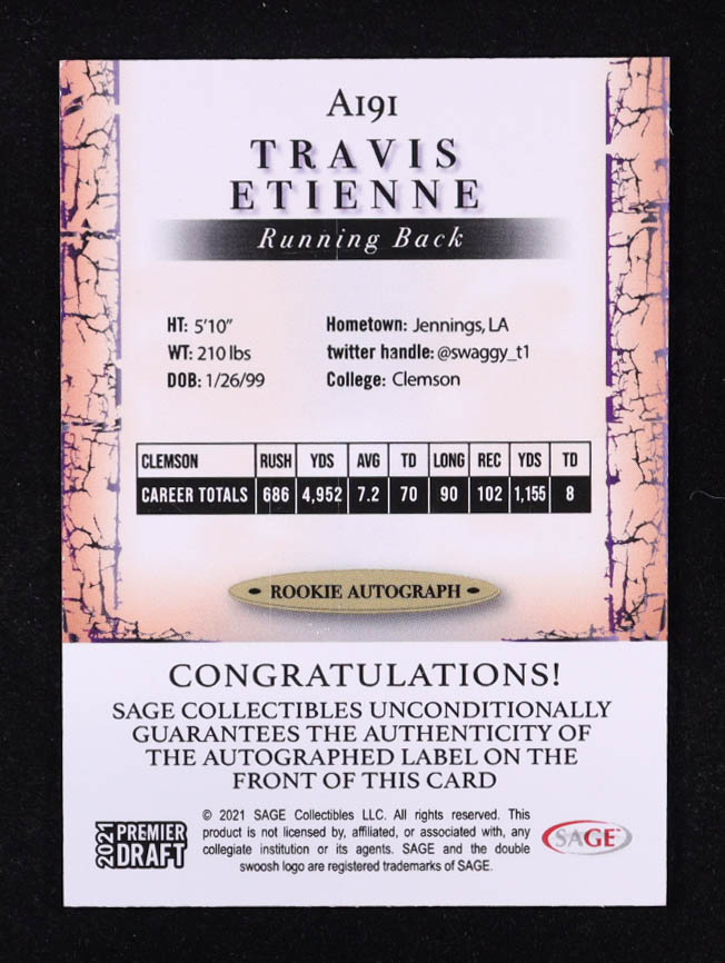 Travis Etienne 2021 SAGE HIT Autographs Red #A191 RC at PristineAuction.com Travis Etienne 2021 SAGE HIT Autographs Red #A191 RC at PristineAuction.com