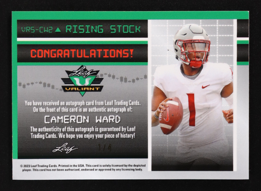 Cameron Ward 2023 Leaf Eclectic Valiant Rising Stock Autographs Mojo Blue #VRSCW2 #1/4 RC at PristineAuction.com Cameron Ward 2023 Leaf Eclectic Valiant Rising Stock Autographs Mojo Blue #VRSCW2 #1/4 RC at PristineAuction.com