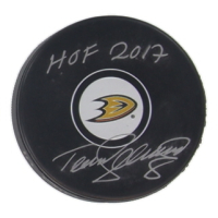 Teemu Selanne Signed Ducks Logo Hockey Puck Inscribed "HOF 2017" (JSA) at PristineAuction.com