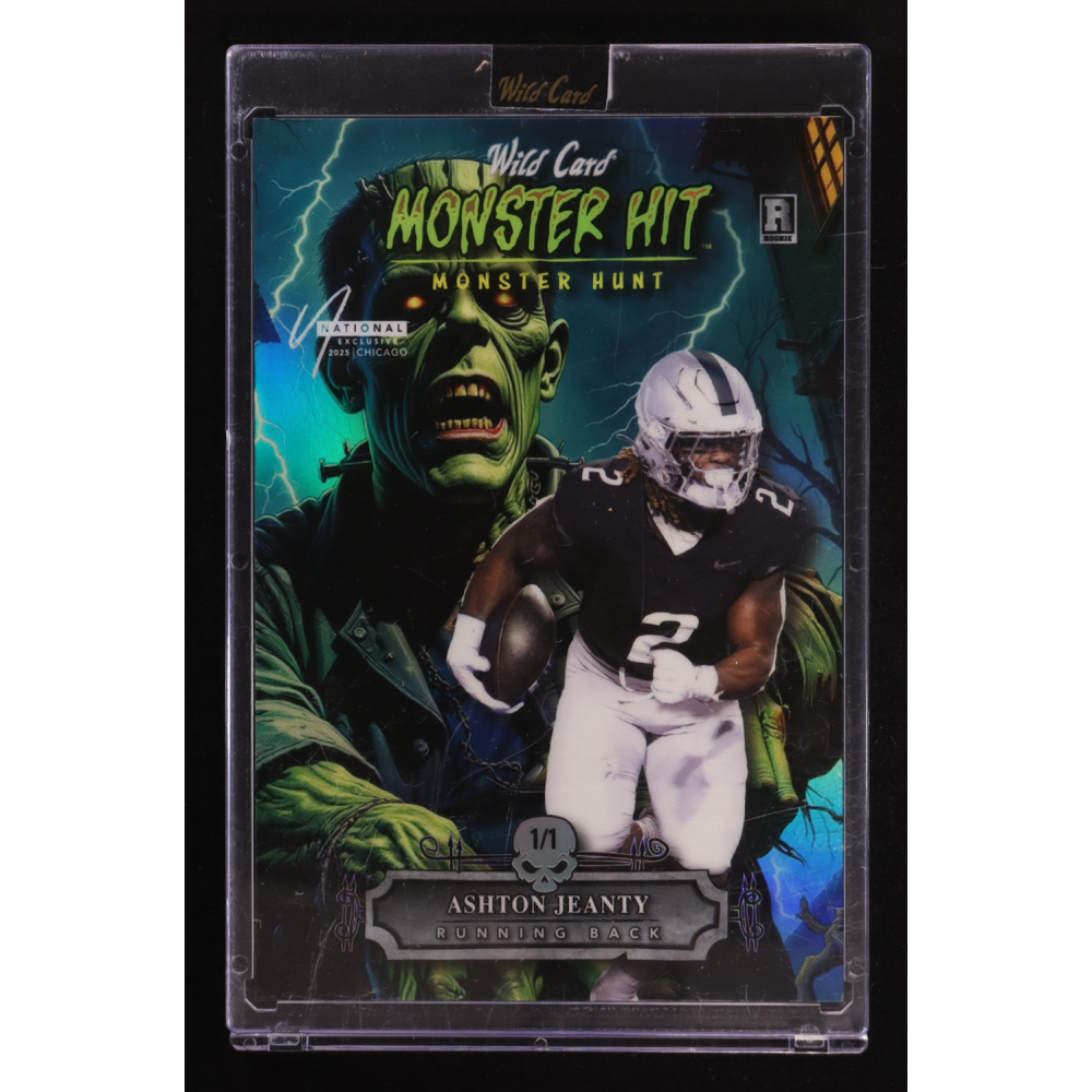 Ashton Jeanty 2025 Wild Card Monster Hunt Monster Hit Oversize Blue Frankenstein #MHONESa2AJ #1/1 RC at PristineAuction.com