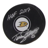 Teemu Selanne Signed Ducks Logo Hockey Puck Inscribed "HOF 2017" (JSA) at PristineAuction.com