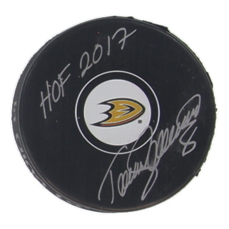 Teemu Selanne Signed Ducks Logo Hockey Puck Inscribed "HOF 2017" (JSA) at PristineAuction.com Teemu Selanne Signed Ducks Logo Hockey Puck Inscribed "HOF 2017" (JSA) at PristineAuction.com