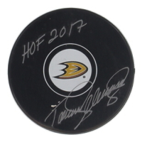 Teemu Selanne Signed Ducks Logo Hockey Puck Inscribed "HOF 2017" (JSA) at PristineAuction.com