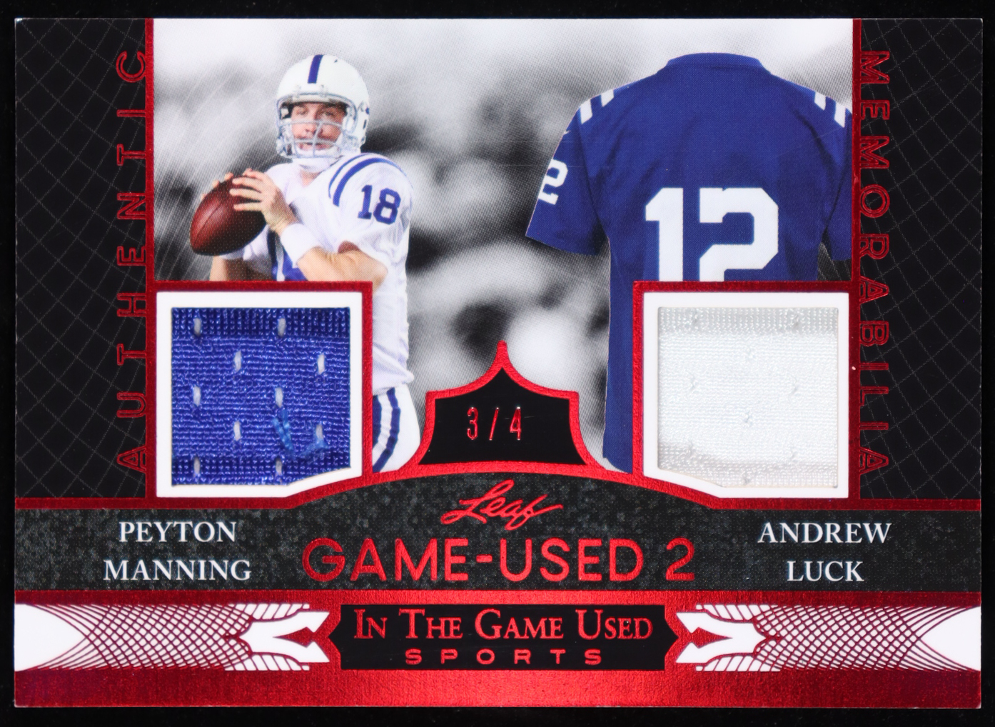 Peyton Manning / Andrew Luck 2024 Leaf In The Game-Used 2 Sports Memorabilia #IG2-22 #3/4 at PristineAuction.com Peyton Manning / Andrew Luck 2024 Leaf In The Game-Used 2 Sports Memorabilia #IG2-22 #3/4 at PristineAuction.com