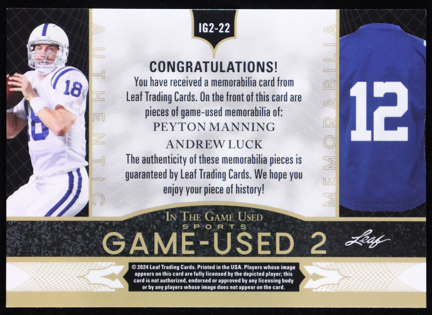 Peyton Manning / Andrew Luck 2024 Leaf In The Game-Used 2 Sports Memorabilia #IG2-22 #3/4 at PristineAuction.com Peyton Manning / Andrew Luck 2024 Leaf In The Game-Used 2 Sports Memorabilia #IG2-22 #3/4 at PristineAuction.com