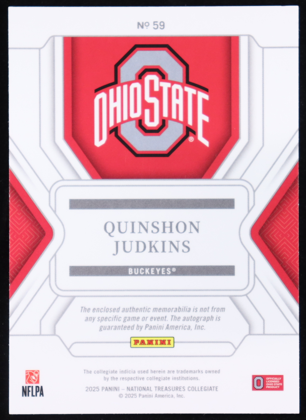 Quinshon Judkins 2025 Panini National Treasures Auto #59 RC #09/99 at PristineAuction.com Quinshon Judkins 2025 Panini National Treasures Auto #59 RC #09/99 at PristineAuction.com