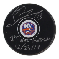 Mathew Barzal Signed Islanders Logo Hockey Puck Inscribed "1st NHL Hat Trick 12/23/17" (JSA) at PristineAuction.com