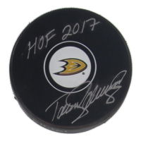 Teemu Selanne Signed Ducks Logo Hockey Puck Inscribed "HOF 2017" (JSA) at PristineAuction.com