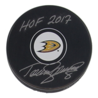 Teemu Selanne Signed Ducks Logo Hockey Puck Inscribed "HOF 2017" (JSA) at PristineAuction.com