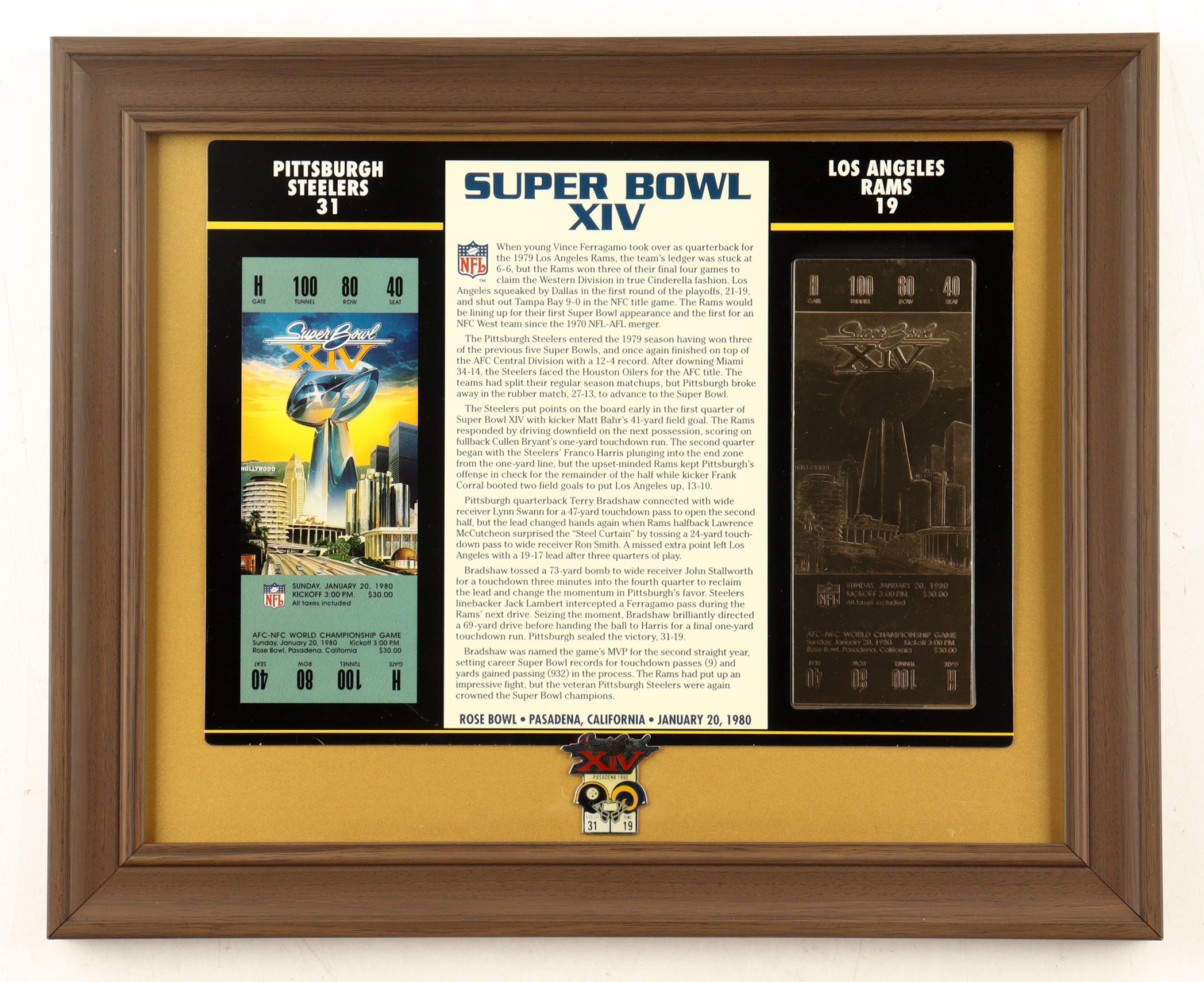 Super Bowl XIV Commemorative Score Card with 23KT Gold Ticket Framed Display With Super Bowl XIV Pin at PristineAuction.com Super Bowl XIV Commemorative Score Card with 23KT Gold Ticket Framed Display With Super Bowl XIV Pin at PristineAuction.com
