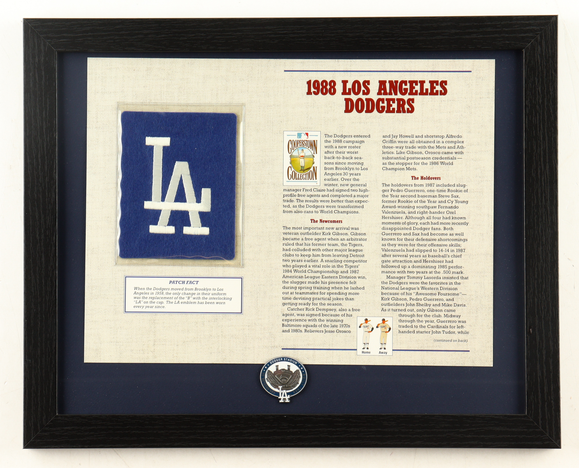 1988 Los Angeles Dodgers Custom Framed Commemorative Patch Display with Dodgers Stadium Pin at PristineAuction.com 1988 Los Angeles Dodgers Custom Framed Commemorative Patch Display with Dodgers Stadium Pin at PristineAuction.com