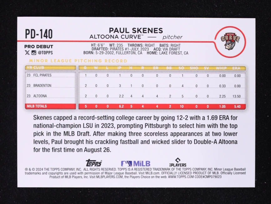 Paul Skenes 2024 Topps Pro Debut #PD140 RC at PristineAuction.com Paul Skenes 2024 Topps Pro Debut #PD140 RC at PristineAuction.com