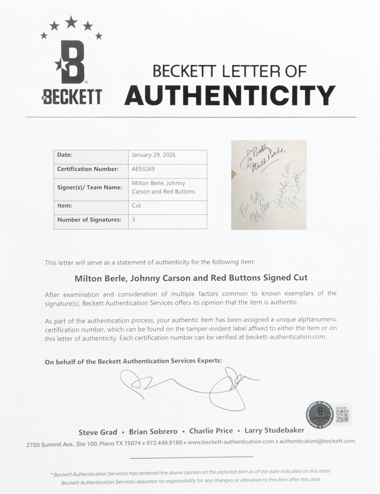 Milton Berle, Johnny Carson & Red Buttons Signed Hotel Tropicana Memo Pad Sheet (Beckett) at PristineAuction.com Milton Berle, Johnny Carson & Red Buttons Signed Hotel Tropicana Memo Pad Sheet (Beckett) at PristineAuction.com