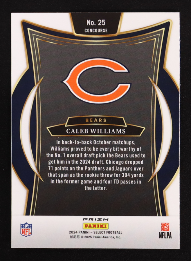 Caleb Williams 2024 Select Prizm Black and Orange Shock #25 RC at PristineAuction.com Caleb Williams 2024 Select Prizm Black and Orange Shock #25 RC at PristineAuction.com