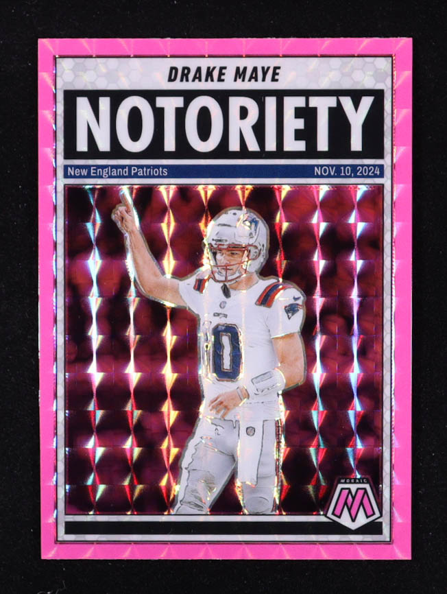 Drake Maye 2025 Panini Mosaic Notoriety Mosaic Pink Fluorescent #3 at PristineAuction.com Drake Maye 2025 Panini Mosaic Notoriety Mosaic Pink Fluorescent #3 at PristineAuction.com