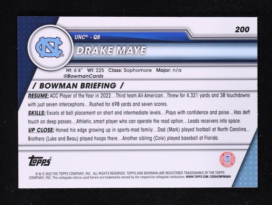 Drake Maye 2023 Bowman Chrome University #200 at PristineAuction.com Drake Maye 2023 Bowman Chrome University #200 at PristineAuction.com