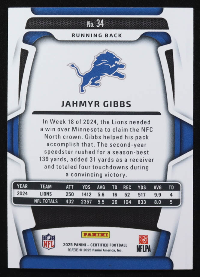 Jahmyr Gibbs 2025 Certified Mirror Gold #34 #02/10 at PristineAuction.com Jahmyr Gibbs 2025 Certified Mirror Gold #34 #02/10 at PristineAuction.com