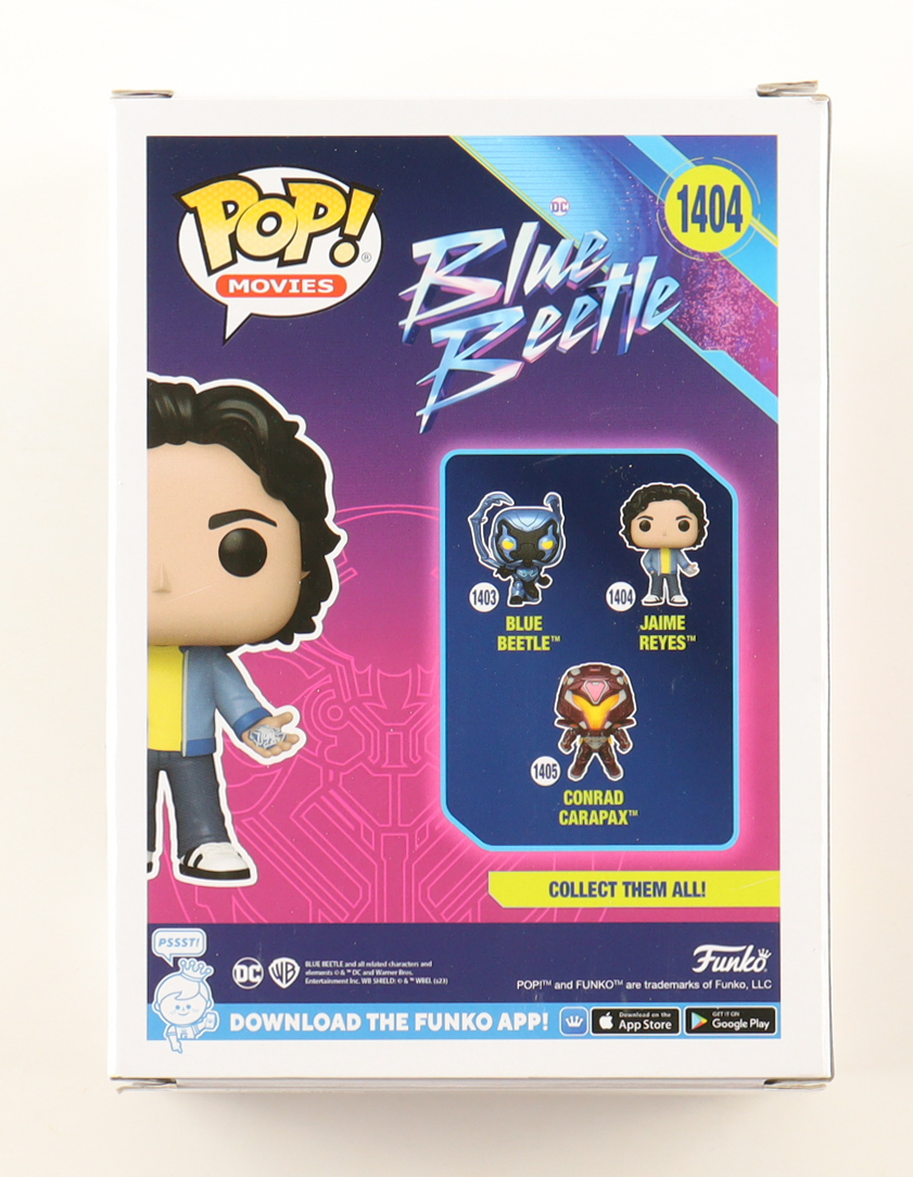 Xolo Mariduena Signed "Blue Beetle" #1404 Jaime Reyes Funko Pop! Vinyl Figure (ACOA) at PristineAuction.com Xolo Mariduena Signed "Blue Beetle" #1404 Jaime Reyes Funko Pop! Vinyl Figure (ACOA) at PristineAuction.com