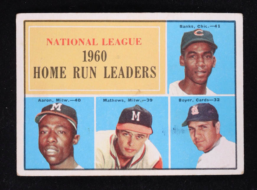 Ernie Banks / Hank Aaron / Ed Mathews / Ken Boyer 1961 Topps #43 NL Home Run Leaders at PristineAuction.com Ernie Banks / Hank Aaron / Ed Mathews / Ken Boyer 1961 Topps #43 NL Home Run Leaders at PristineAuction.com