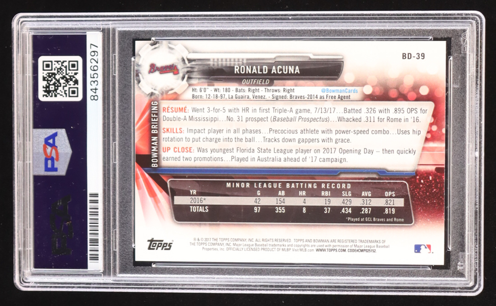 Ronald Acuna Jr. Signed 2017 Bowman Draft #BD39 RC (PSA) at PristineAuction.com Ronald Acuna Jr. Signed 2017 Bowman Draft #BD39 RC (PSA) at PristineAuction.com