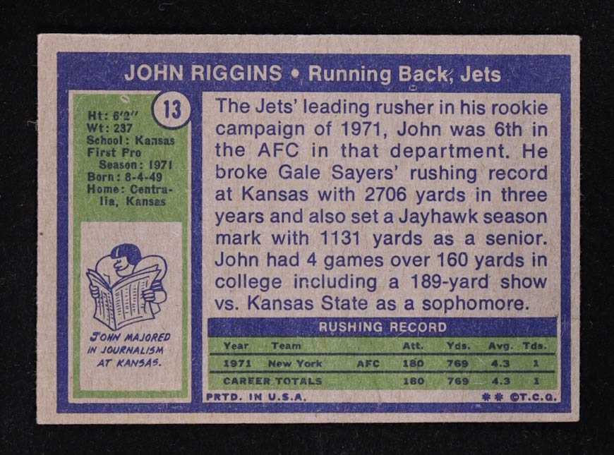John Riggins 1972 Topps #13 RC at PristineAuction.com John Riggins 1972 Topps #13 RC at PristineAuction.com