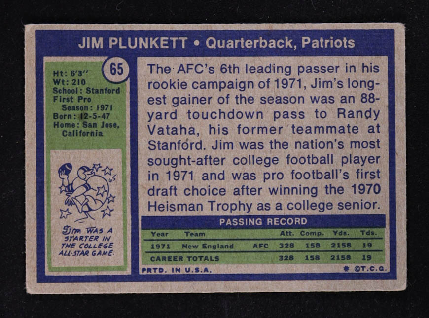 Jim Plunkett 1972 Topps #65 RC at PristineAuction.com Jim Plunkett 1972 Topps #65 RC at PristineAuction.com