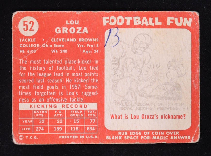 Lou Groza 1958 Topps #52 at PristineAuction.com Lou Groza 1958 Topps #52 at PristineAuction.com