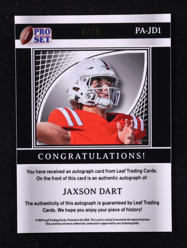 Jaxson Dart 2024 Leaf Pro Set Metal Autographs Pulsar Silver #PAJD1 #04/10 at PristineAuction.com Jaxson Dart 2024 Leaf Pro Set Metal Autographs Pulsar Silver #PAJD1 #04/10 at PristineAuction.com