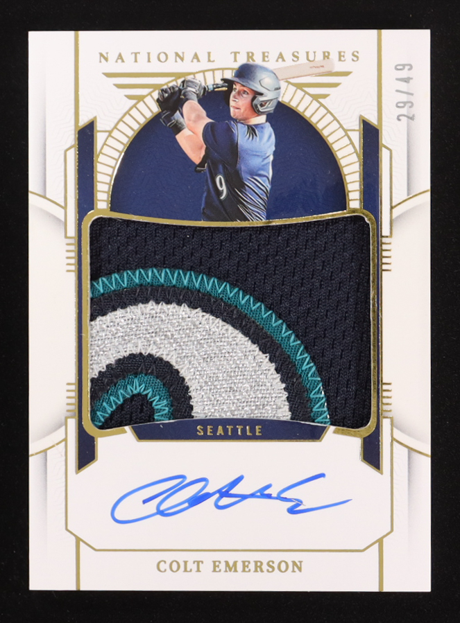 Colt Emerson 2024 Panini National Treasures Prospect Material Signatures Gold Auto #PMS-CE #29/49 at PristineAuction.com Colt Emerson 2024 Panini National Treasures Prospect Material Signatures Gold Auto #PMS-CE #29/49 at PristineAuction.com