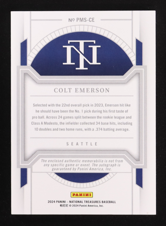 Colt Emerson 2024 Panini National Treasures Prospect Material Signatures Gold Auto #PMS-CE #29/49 at PristineAuction.com Colt Emerson 2024 Panini National Treasures Prospect Material Signatures Gold Auto #PMS-CE #29/49 at PristineAuction.com