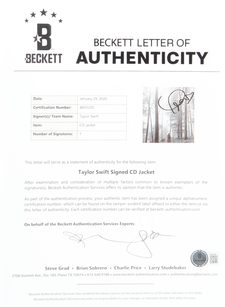 Taylor Swift Signed "Folklore" Custom Framed CD Album Insert Display With Disc (Beckett) at PristineAuction.com Taylor Swift Signed "Folklore" Custom Framed CD Album Insert Display With Disc (Beckett) at PristineAuction.com