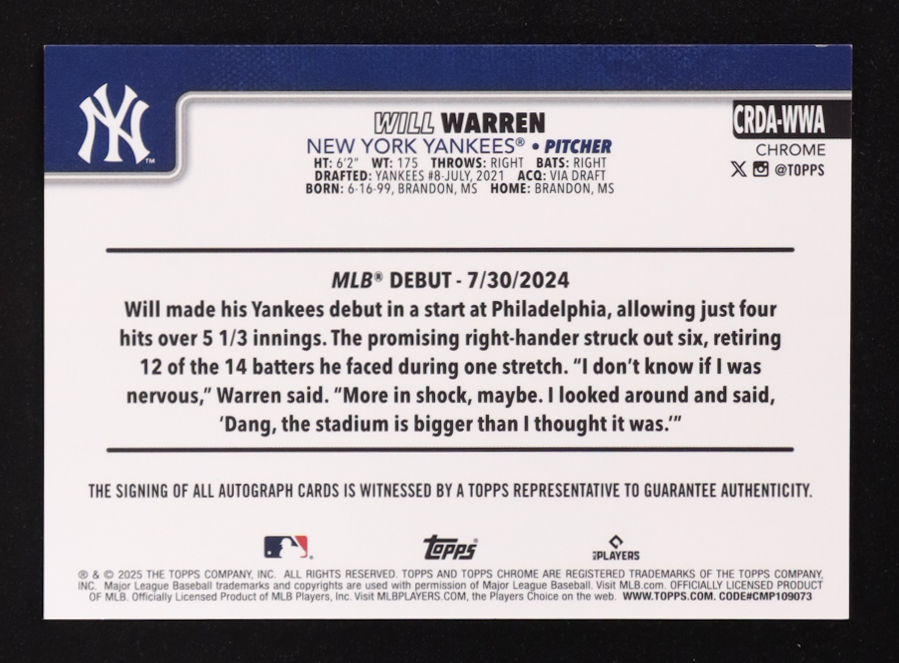 Will Warren 2025 Topps Chrome Auto #CRDA-WWA RC at PristineAuction.com Will Warren 2025 Topps Chrome Auto #CRDA-WWA RC at PristineAuction.com