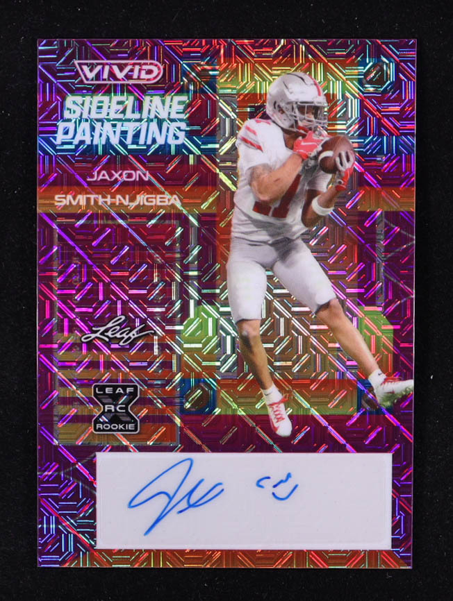 Jaxon Smith-Njigba 2023 Leaf Vivid Autographs Sideline Painting Purple #SPJSN #1/2 RC at PristineAuction.com Jaxon Smith-Njigba 2023 Leaf Vivid Autographs Sideline Painting Purple #SPJSN #1/2 RC at PristineAuction.com