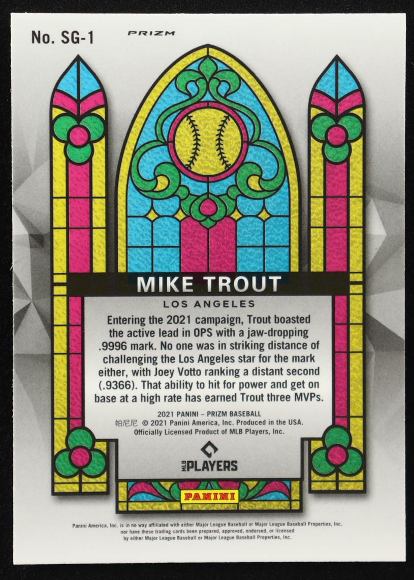 Mike Trout 2021 Panini Prizm Stained Glass Prizms Purple #1 at PristineAuction.com Mike Trout 2021 Panini Prizm Stained Glass Prizms Purple #1 at PristineAuction.com