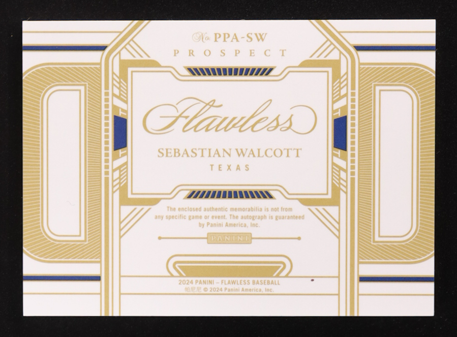 Sebastian Walcott 2024 Panini Flawless Prospect Patch Autographs #PPA-SW RC #09/20 at PristineAuction.com Sebastian Walcott 2024 Panini Flawless Prospect Patch Autographs #PPA-SW RC #09/20 at PristineAuction.com