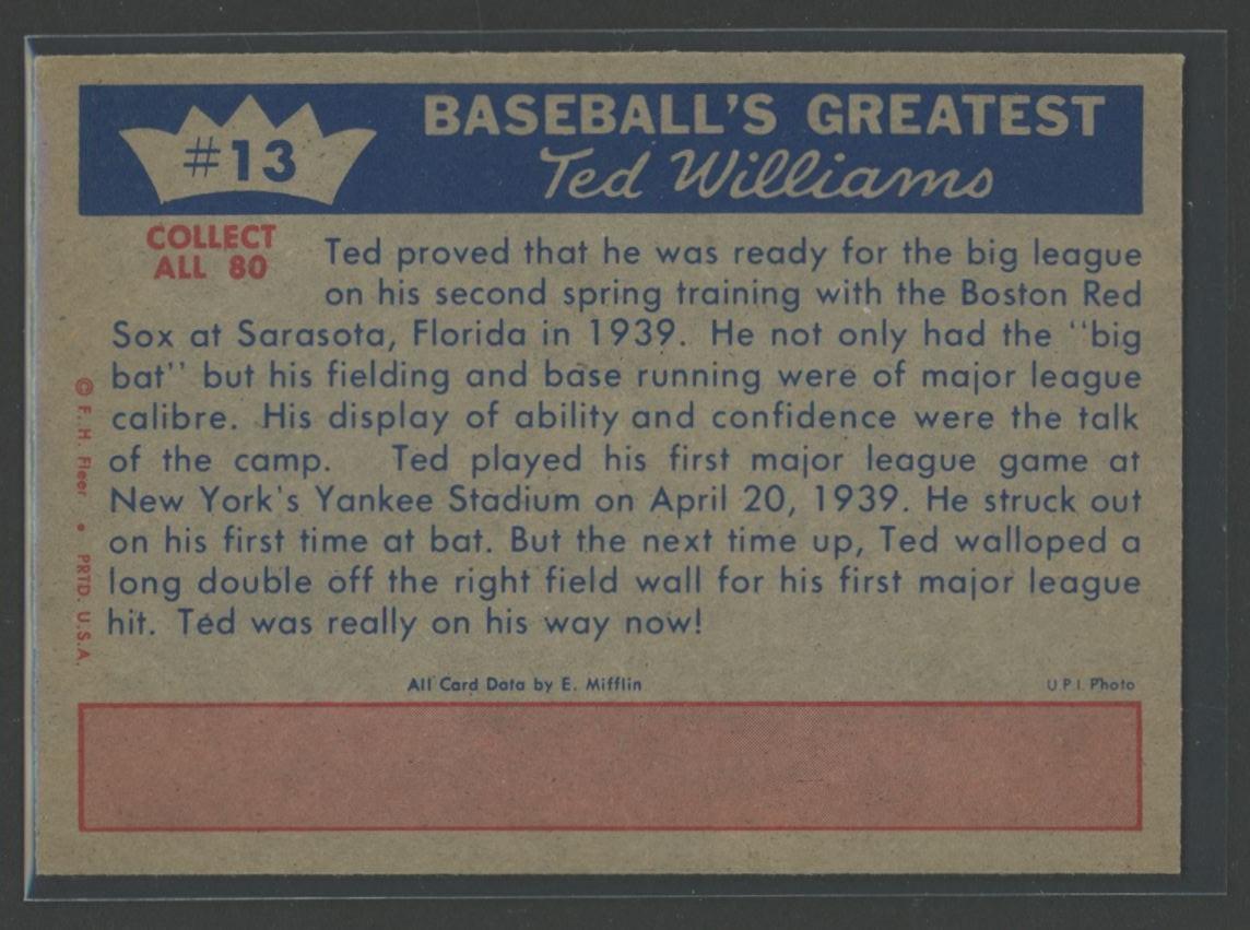 Ted Williams 1959 Fleer #13 1939 Shows Will Stay at PristineAuction.com Ted Williams 1959 Fleer #13 1939 Shows Will Stay at PristineAuction.com