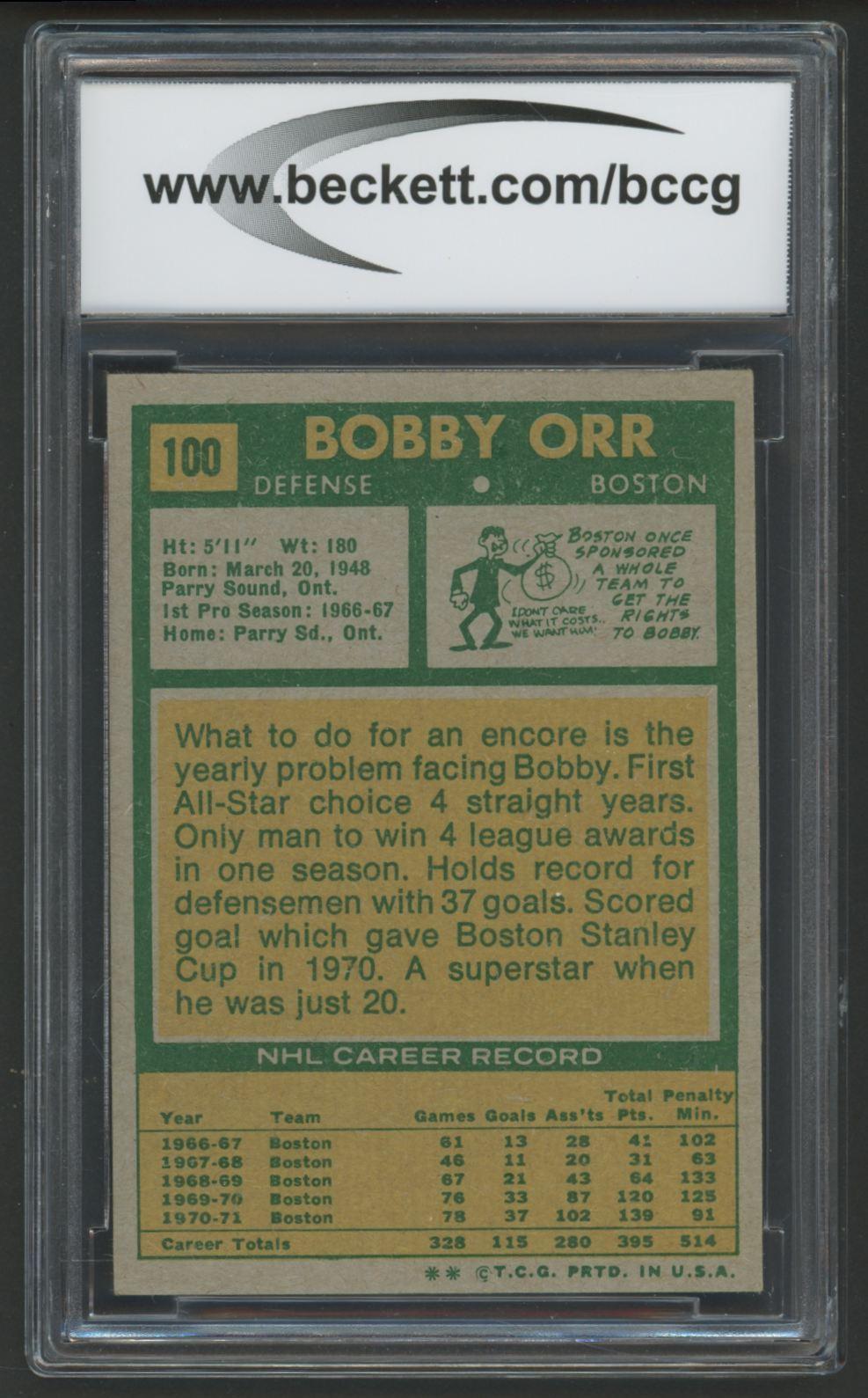 Bobby Orr 1971-72 Topps #100 (BCCG 8) at PristineAuction.com Bobby Orr 1971-72 Topps #100 (BCCG 8) at PristineAuction.com