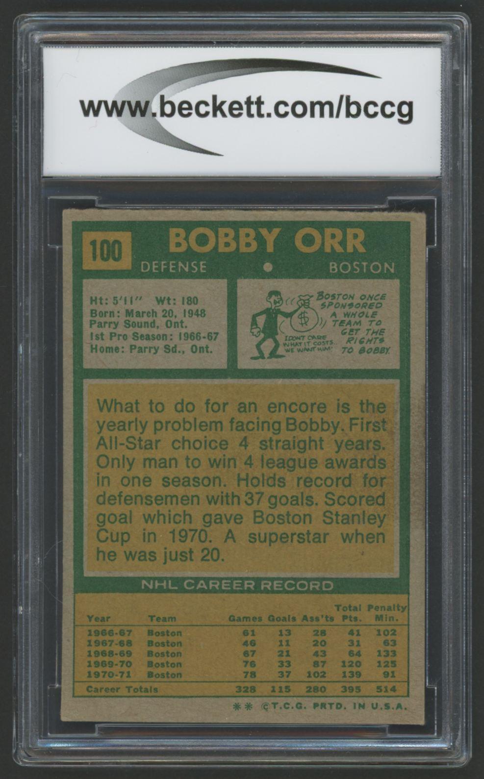 Bobby Orr 1971-72 Topps #100 (BCCG 8) at PristineAuction.com Bobby Orr 1971-72 Topps #100 (BCCG 8) at PristineAuction.com